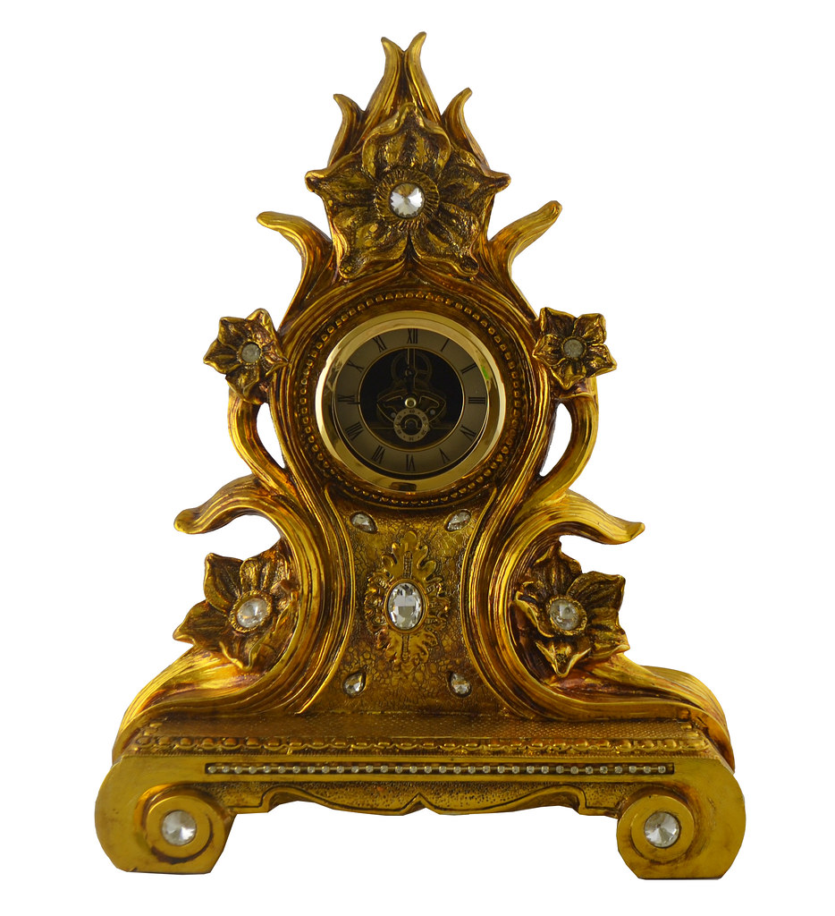 Polyresin Ornate Gold Table Clock Baroque Victorian Style Floral Carvings & Crystal  Accents Roman Numerals 